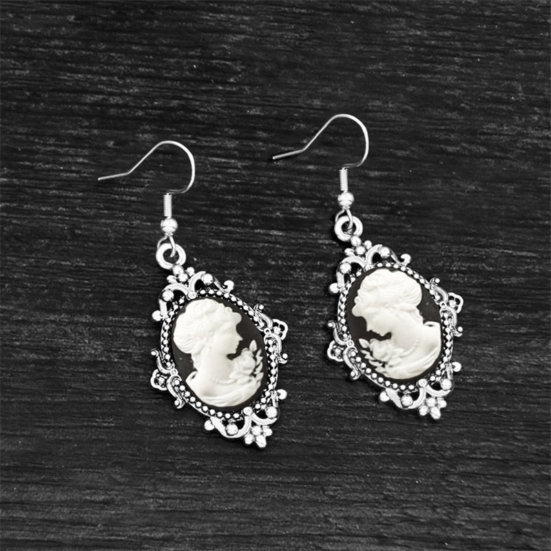 Vintage Grey Pink Lady Cameo Earrings For Women Antique Silver Plated Victoria Fashion Stainles Steel Hook Cameo Women Earring