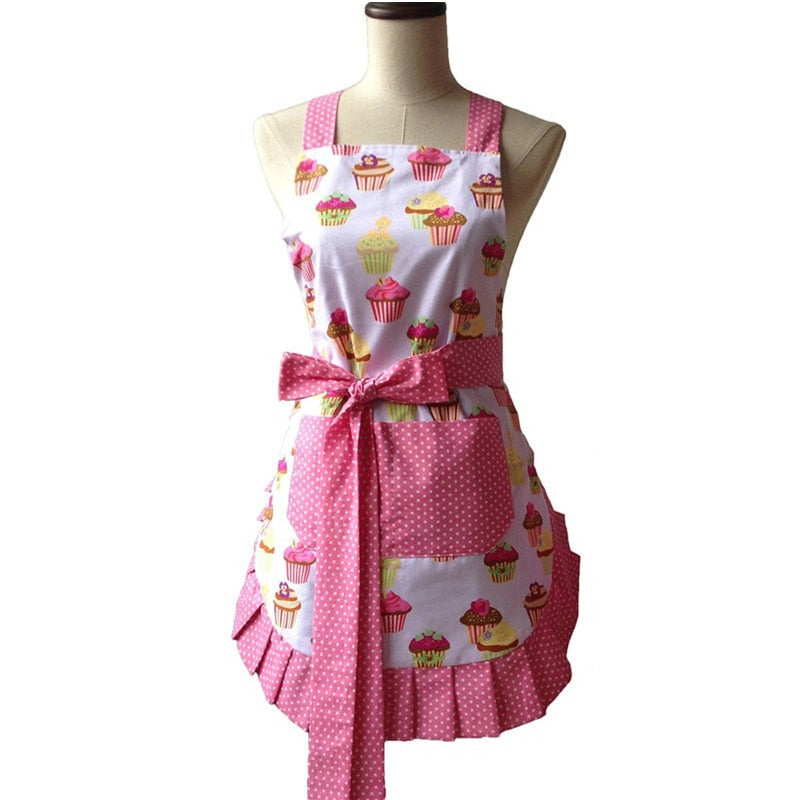 Retro Kitchen Apron Woman Flirty White Apron Frosted Cupcake Striped Polka Dot Ruffled Salon Avental de Cozinha Divertido