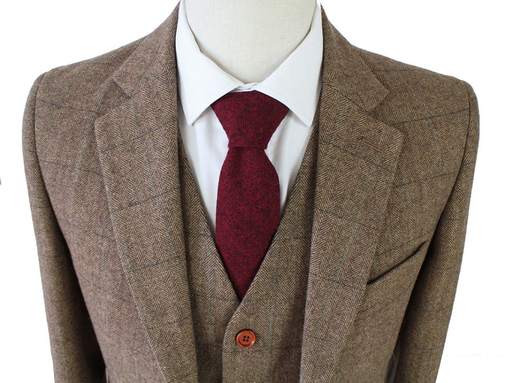 tailor made slim fit suits for men retro wool Brown Herringbone Tweed wedding dress custom mens 3 piece suit Blazers