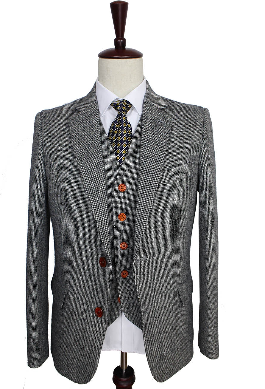 Retro gentleman style Grey Classic Tweed tailor wedding suits for men custom made Wool Slim Fit blazer mens 3 piece suit