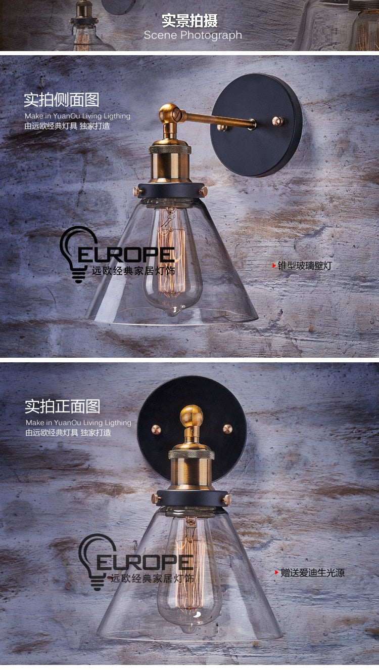 60W Industrial Wall Sconce, Loft Retro Wall Lamp Vintage Fixtures With Glass Lampshade Lamparas De Pared Arandelas