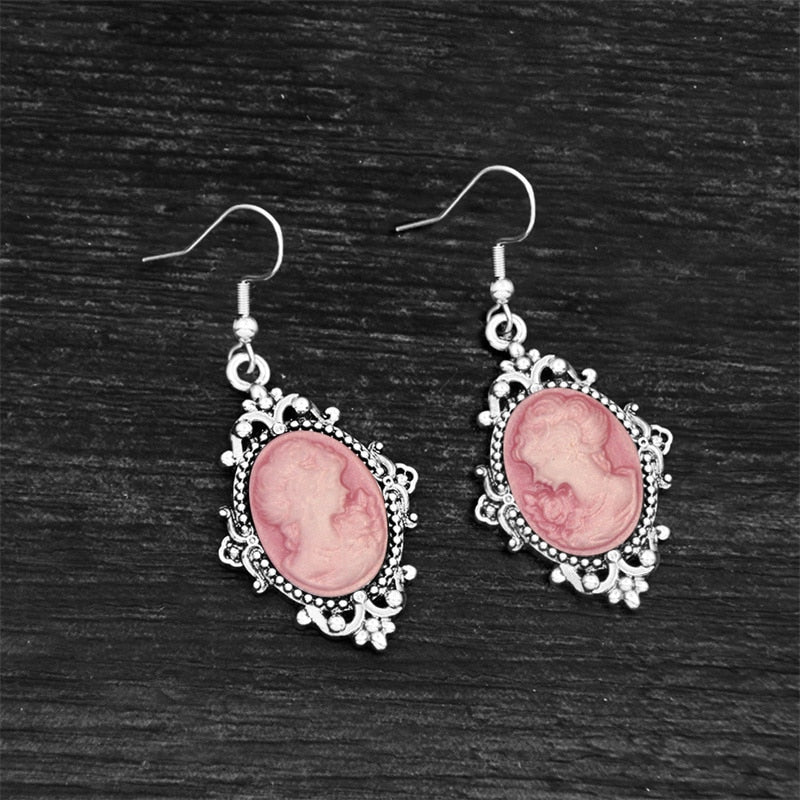 Vintage Grey Pink Lady Cameo Earrings For Women Antique Silver Plated Victoria Fashion Stainles Steel Hook Cameo Women Earring