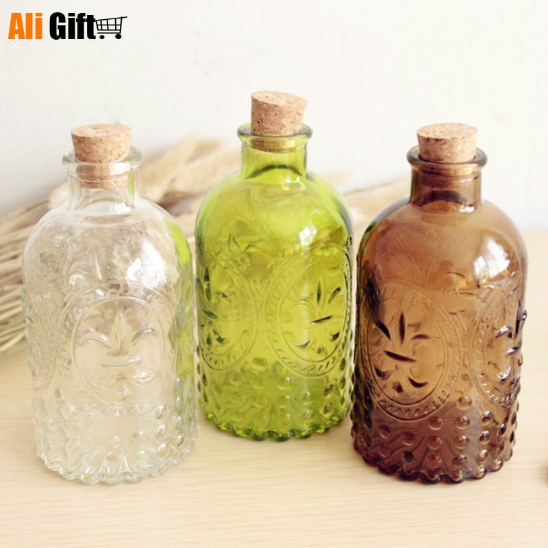 Ali Gift  Zakka Retro Vase Carved 250ml Glass Ball Bottles Tabletop Decorative Fresh Vintage with Cork Wishing Bottle Decoration